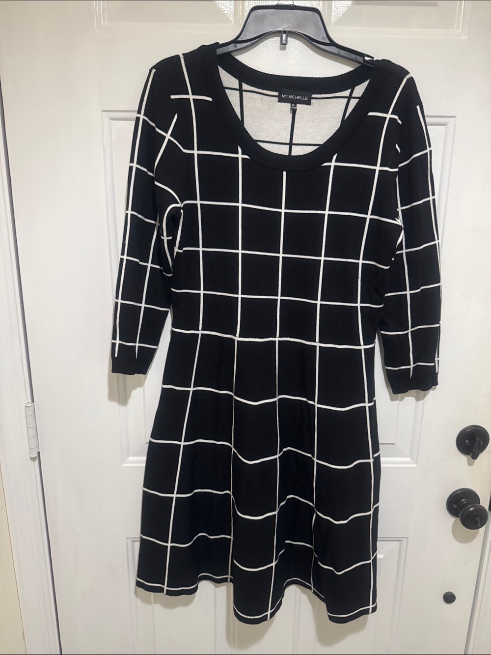 My Michelle Black and White Windowpane A-Line Knit Dress